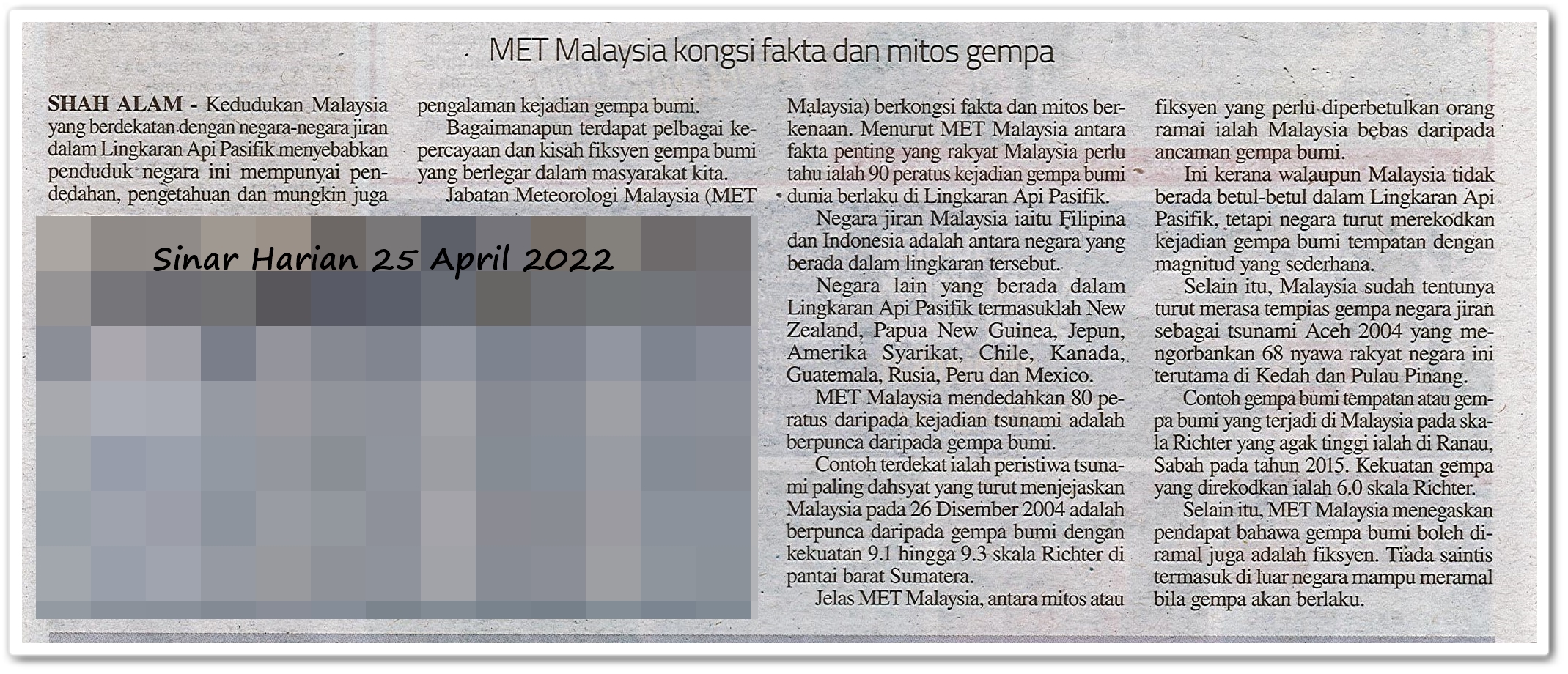 759 gegaran sejak 2015 ; Bukti Malaysia tidak kalis gempa bumi - Keratan akhbar Sinar Harian 25 April 2022