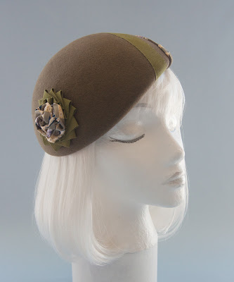 olive green fur felt beret with silk rosette and ribbon cockade