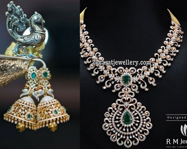 Diamond Necklace Peacock Jhumkas by RM Jewels