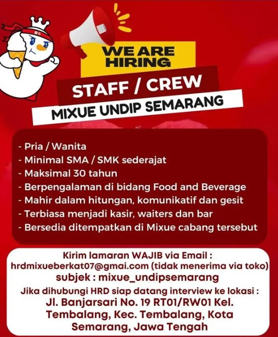 Lowongan Kerja Semarang 2023 Staff/Crew Mixue Undip Semarang