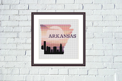 Arkansas state map sunset silhouette cross stitch pattern - Tango Stitch