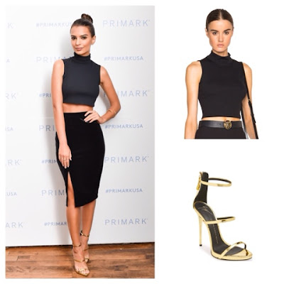 Emily Ratajkowski Emrate at Primark Launch in Mock Turtleneck Crop Top Pencil Skirt and Gold Triple Strap Sandals