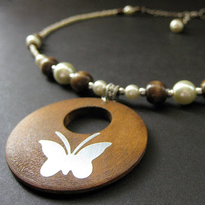 Beaded Butterfly Necklace of Wood and Pearls