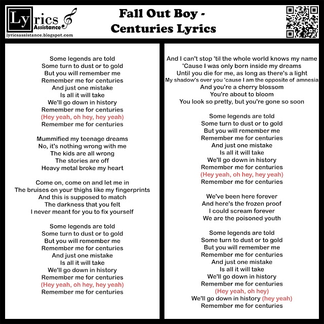 Fall Out Boy - Centuries Lyrics | lyricsassistance.blogspot.com