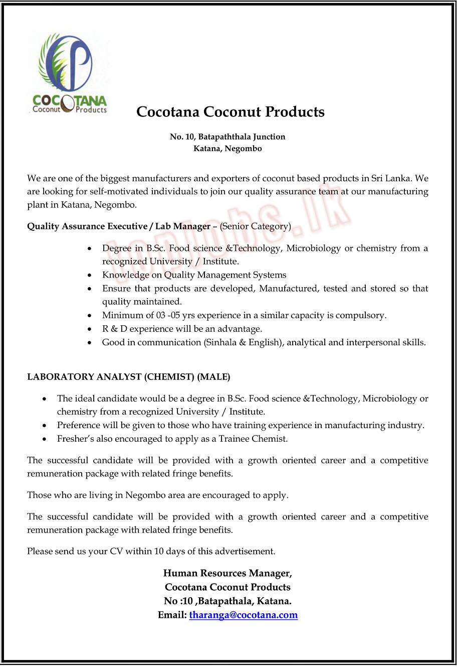 Vacancies in Cocotana Coconut Products