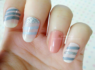 Pink Gray Easy Nail Art, Pink Blue Stripe Nail art