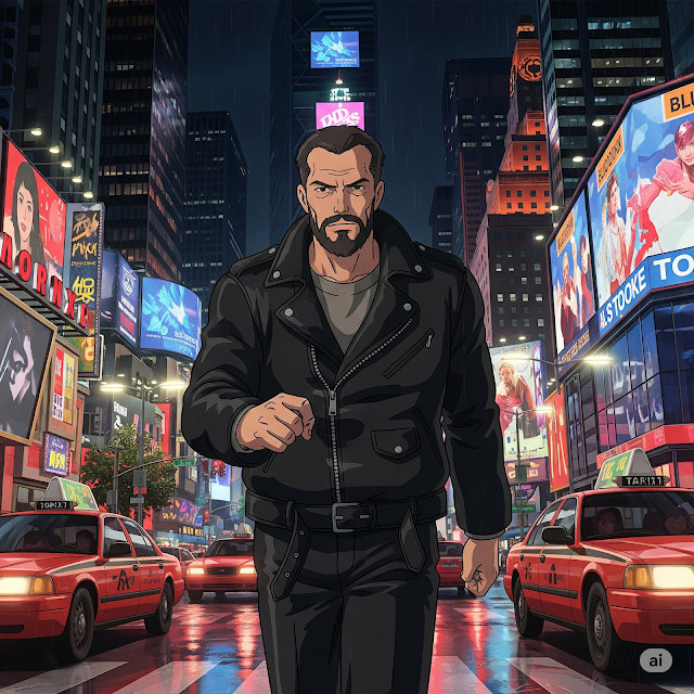 Sharp man walks rain-soaked Times Square, eyes burning.