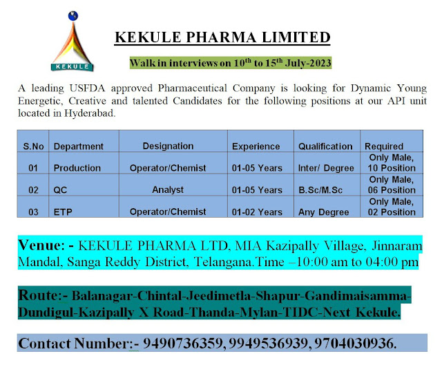 Kekule Pharma Walk In Interview For Production/ QC/ ETP Department