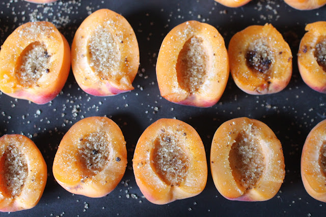 Apricots ready for baking in the oven