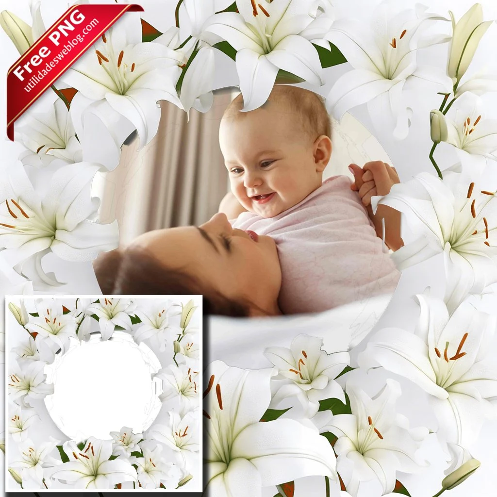 marco para fotos con flores de lirios blancos en png con fondo transparente para descargar gratis