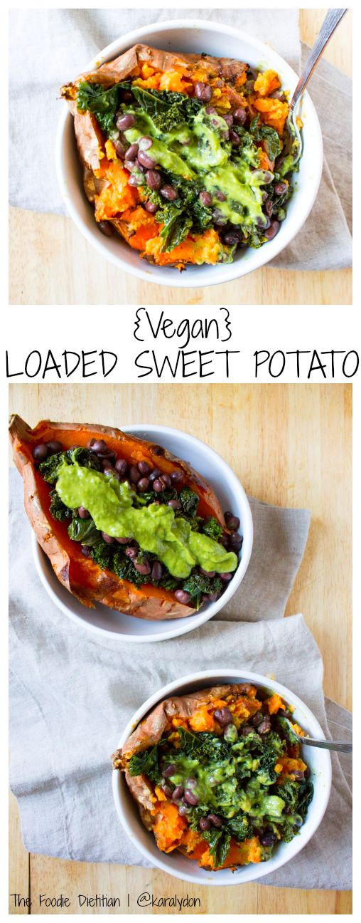 The ultimate vegan loaded sweet potato - packed with kale, black beans, and topped off with a homemade green goddess dressing. Perfect for a quick and easy weeknight meal. 