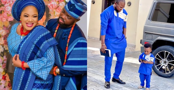 "My Boys" - Nollywood Actress Toyin Abraham Reacts As Kolawole Ajeyemi And His Son Rock Matching Outfits To Church (photo)