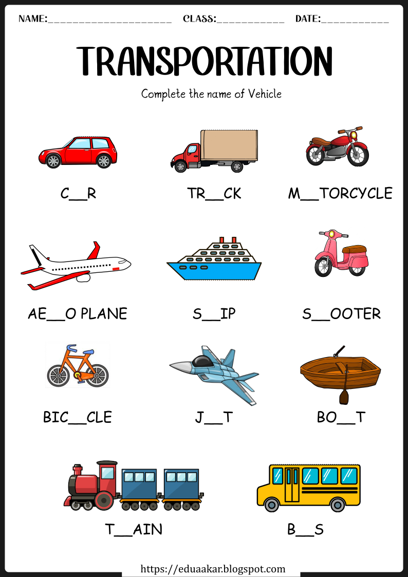 Transportation Worksheet for Kindergarten