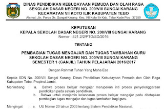 Contoh SK Tugas Mengajar Guru Tahun Pelajaran 2016/2017