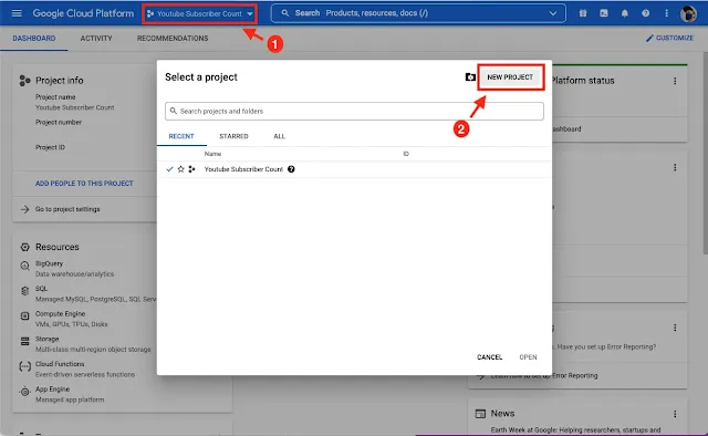 Creating a new project in the Google Cloud Platform.