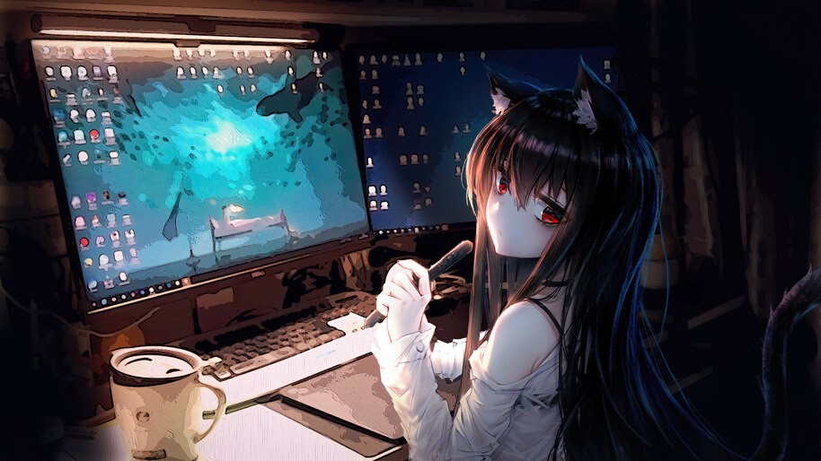 Anime, Girl, Computer, Desktop, 4K, #4.2477 Wallpaper