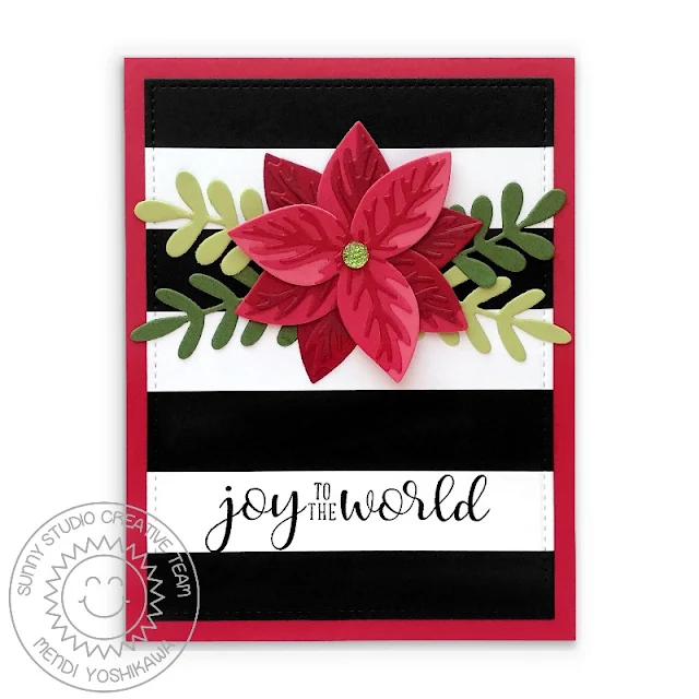 Sunny Studio Joy To The World Classy Black & White Striped Holiday Christmas Card (using Festive Greetings Stamps, Pristine Poinsettia, Winter Greenery & Stitched Rectangle Dies)