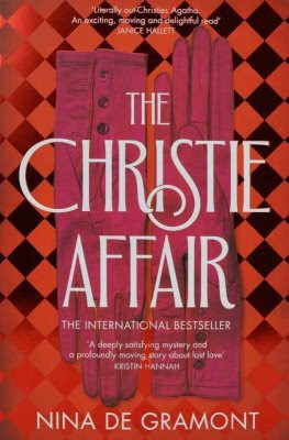 A red book with a matte and shiny diamond pattern, and red leather gloves in the centre. In white writing: The Christie Affair by Nina De Gramont