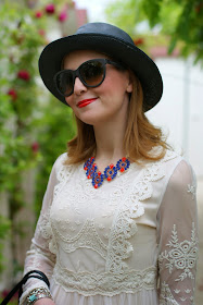 Chicwish cream lace dress, Majestical burst of color necklace, Fashion and Cookies, fashion blogger
