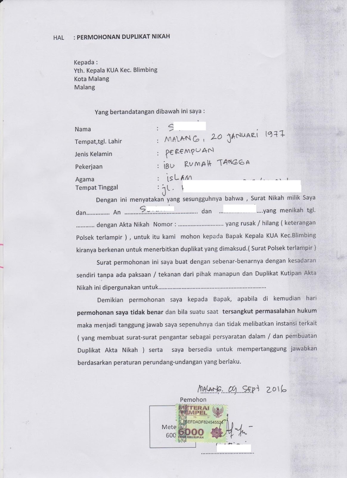 Kua Blimbing Kota Malang Contoh Surat Pernyataan Permohonan Duplikat Akta Nikah