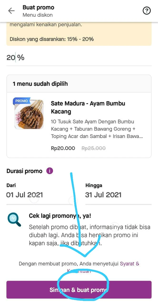 Cek ulang kriteria promo, tekan Simpan & Buat Promo