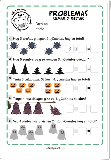 "Problemas de Sumar y Restar de Halloween" de Eva Barceló (Educaplanet)