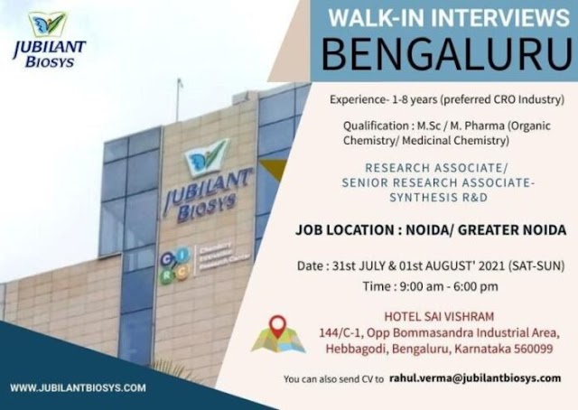 Jubilant Biosys | Walk-in interview at Bengaluru on 31st Jul & 1st Aug 2021