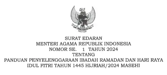 SE Menag Nomor 1 Tahun 2024 Tentang Panduan Penyelenggaraan Ibadah Ramadan dan Hari Raya Idul Fitri Tahun 2024