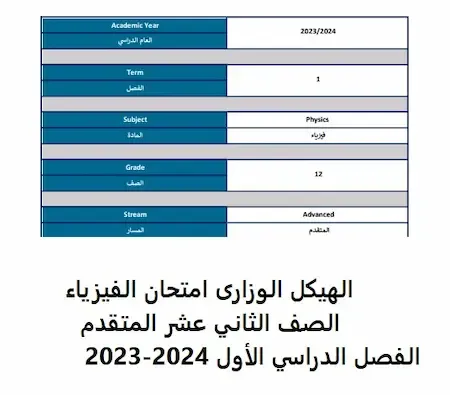 الهيكل الوزارى امتحان الفيزياء الصف الثاني عشر المتقدم الفصل الدراسي الأول 2023-2024
