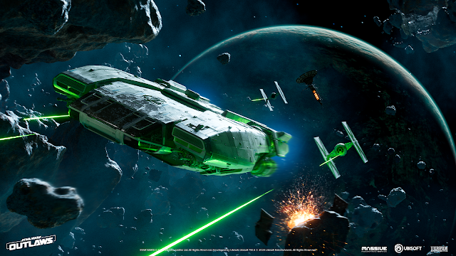 Screenshot of a spaceship escaping a TIE Fighter in Star Wars Outlaws