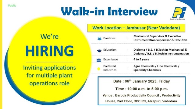 PI industries | Walk-in interview at Vadodara for Multiple Positions in ESD on 6th January 2023