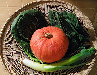 Basket with Red Kabocha Squash, Collard Greens, and Leek