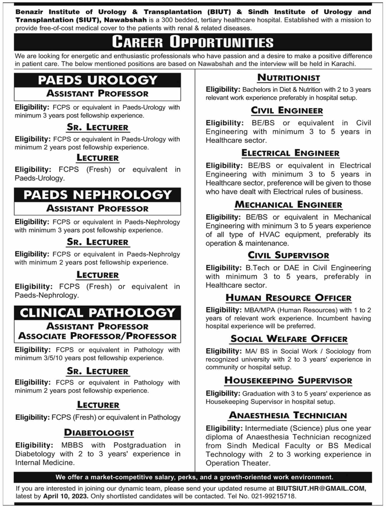 Sindh Institute of Urology and Transplantation SIUT Education Posts Nawabshah 2023