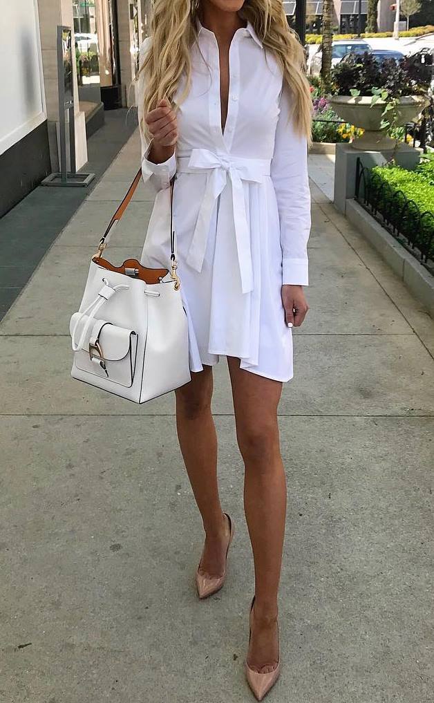 what to wear this season : white shirt dress + bag + beige heels