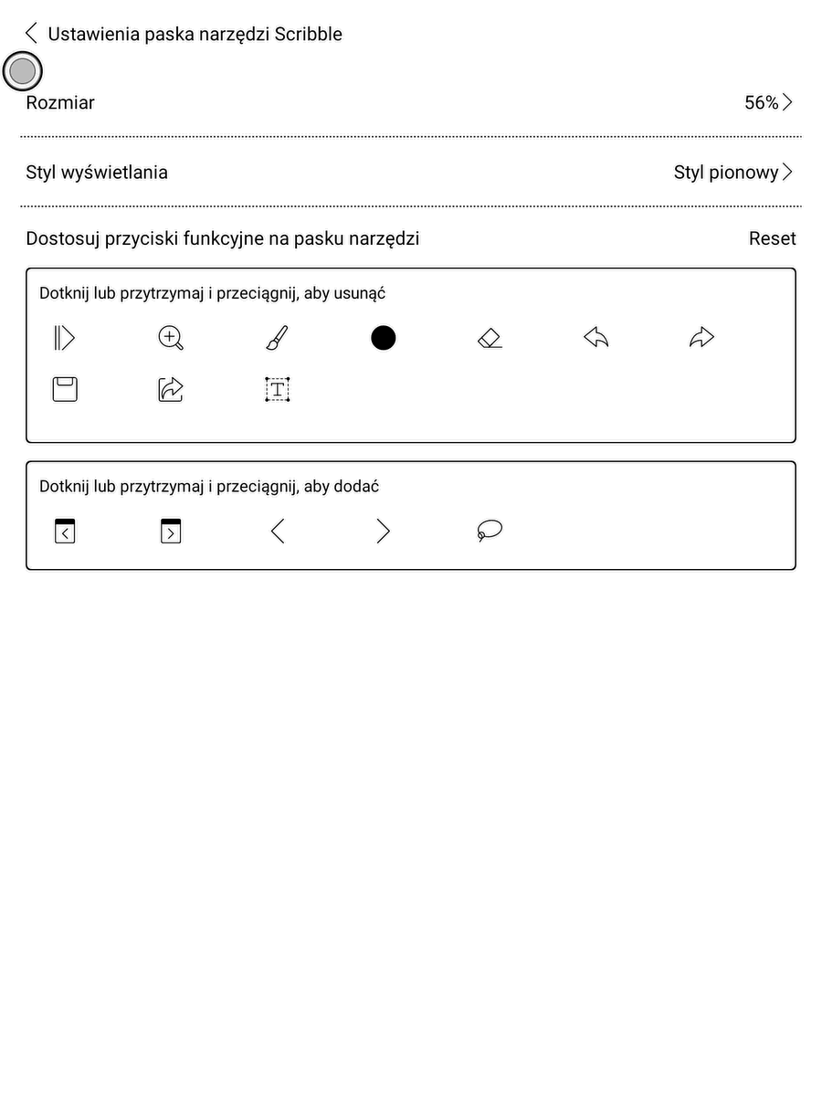 Onyx Boox Note Air – ustawienia paska narzędzi aplikacji Scribble