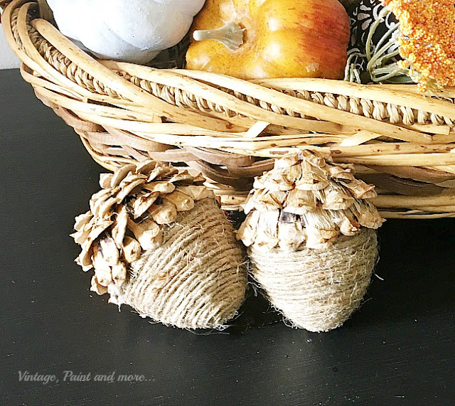 Vintage, Paint and more... easy acorns made with paper mache eggs, twine and pine cones to use in your fall decor