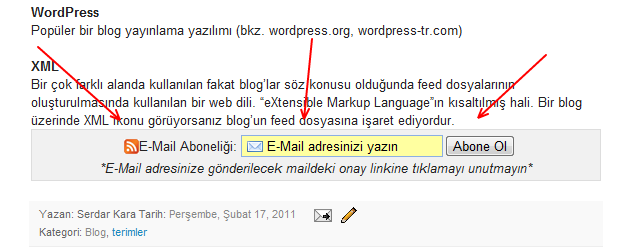 blogger yazının sonunda email rss abonelik formu