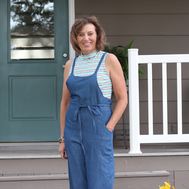 Sew House Seven's Burnside Bibs made from Style Maker Fabrics' Tencel Denim