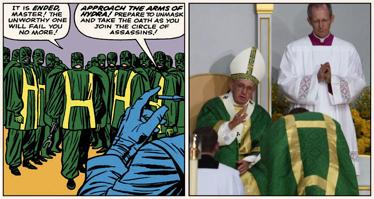 Panel of Hydra members in green robes with yellow H standing before a figure, face unseen, gesturing with hand / Photo of Pope Francis, seated, making same hand gesture over kneeling person in green robes with gold H pattern