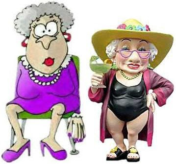 2 old ladies Jane and Arlene are outside their nursing home having a drink 