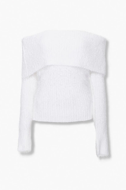 White fuzzy off-the-shoulder sweater