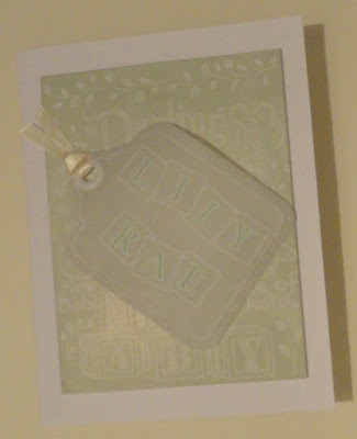 New baby card for Lily Rae, green resist background with parchment tag