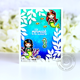 Sunny Studio Stamps: Botanical Backdrop Dies Magical Mermaids Hello Word Die Cards by Rachel Alvarado