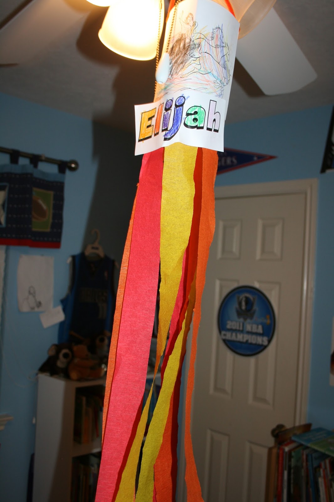 After the kids colored they glued in 9 streamers Each child got to have 3 red 3 yellow and 3 orange party streamers I cut them to be about 24 inches