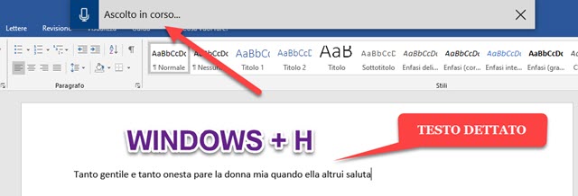 dettatura del testo con word