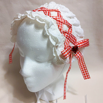 Cotton lace and red gingham ribbon headdress