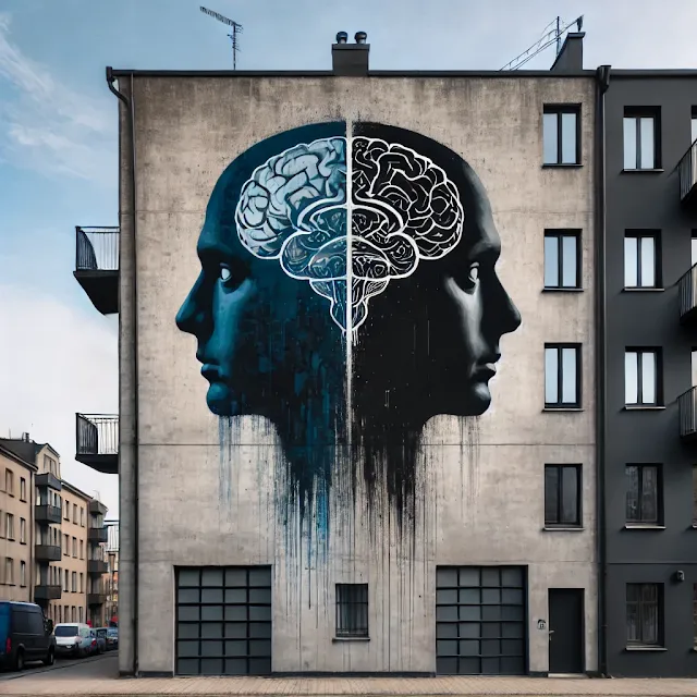 Minimalist street art mural on the side of a building, featuring two abstract faces facing away from each other, symbolizing cognitive dissonance and internal conflict. The building has visible windows and doors, with the sky shown above, creating an urban vibe. The mural uses dark blues, blacks, and muted tones to reflect tension and disconnection.