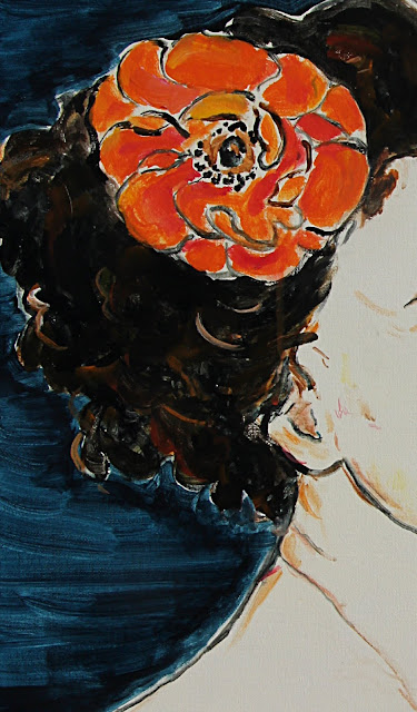 painting, detail, sarah myers, contemporary, art, orange, flower, portrait, woman