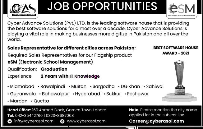 Cyber Advance Solutions  Latest Jobs for Sales Representatives 2021