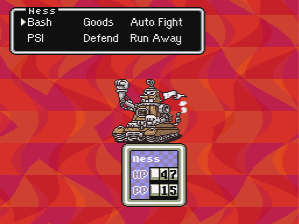 Ness battles Frankystein Mark II, an early boss in EarthBound.